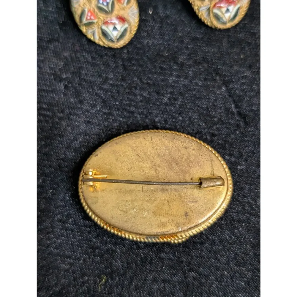 Antique Italian Micro Mosaic Multi Color Brooch & Matching Clip On Earrings